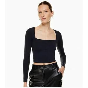 Babaton Black Long Sleeve Square Neck Double Layer Contour Crop Top Size S